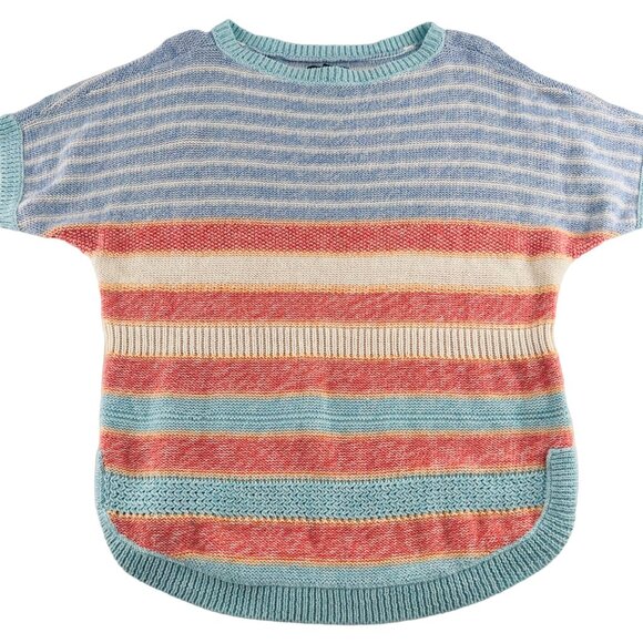 Chaps Sweater Womens Medium Boat Neck‎ Pullover Blue Orange Soft Short Sleeves - Picture 1 of 5